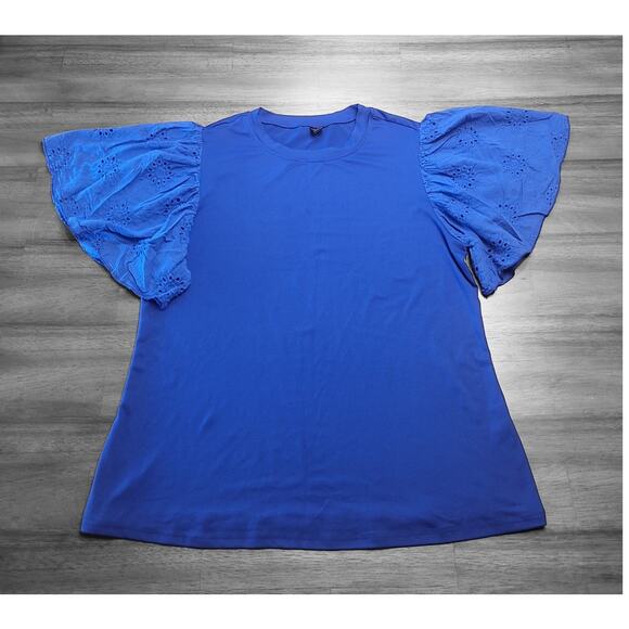 Blue Ruffle Blouse Large Short Sleeve Flutter Lace Trim Top - Picture 2 of 6